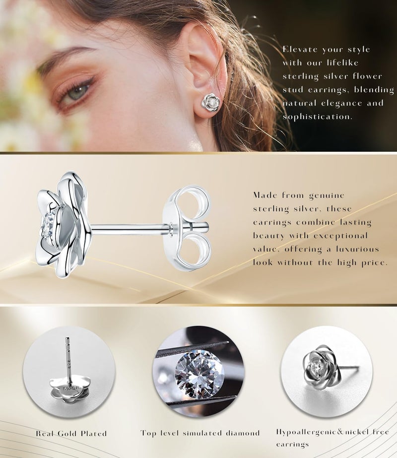 Raneecoco White Gold Plated Sterling Silver Rose Flower Earring Studs, Hypoallergenic & Nickel Free Earrings for Women(9mm) - Image 3